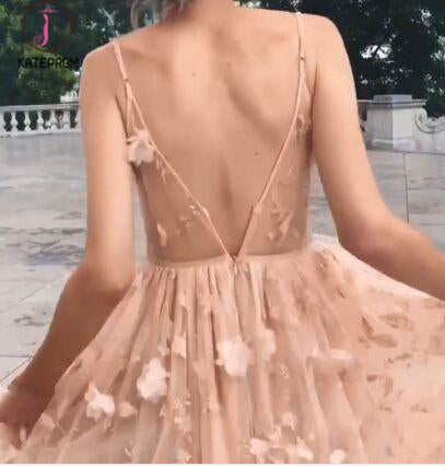 Long Spaghetti Straps Tulle Prom Dress with Flowers, V Back Homecoming Dress KPH0361