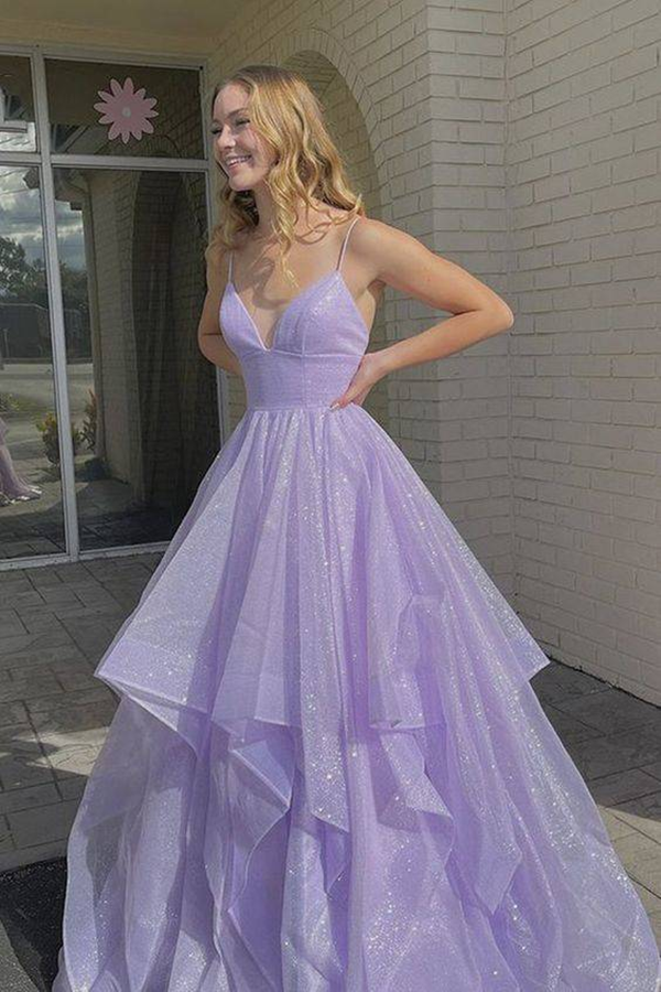 Shiny V Neck Fluffy Lavender Long Prom Dress, Spaghetti Straps Long Formal Evening Dress KPP1457