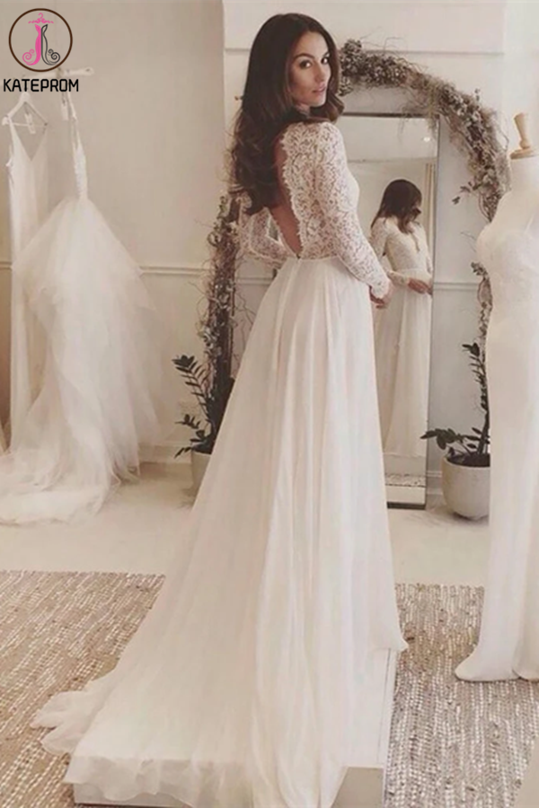 Chic A-line Wedding Dresses Long Sleeve V neck Romantic Wedding Dress With Lace KPW0625