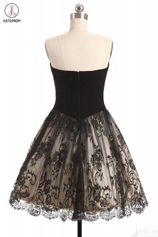 A Line Sweetheart Lace Homecoming Dress, Black Short Strapless Prom Dresses KPH0452