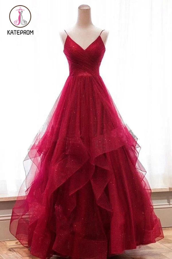 Red Spaghetti Straps V Neck Asymmetrical Prom Dress, Backless Sparkly Long Formal Dress KPP1237