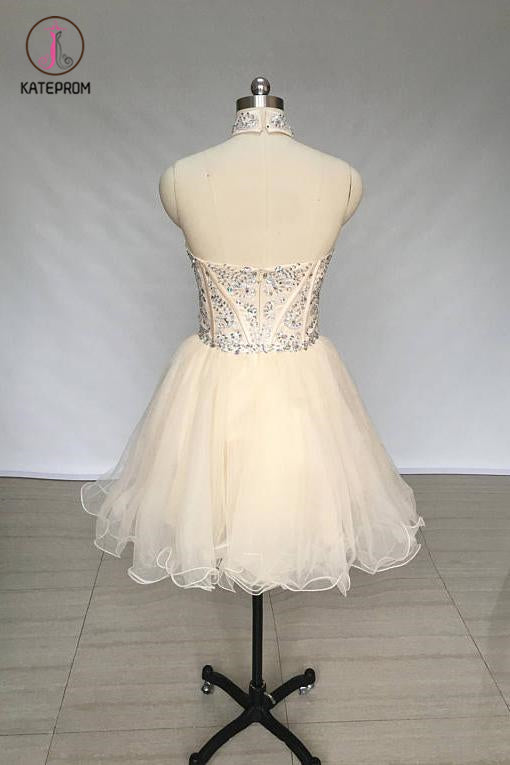 A Line High Neck Tulle Beading Mini Homecoming Dress, Short Prom Dress with Beads KPH0344