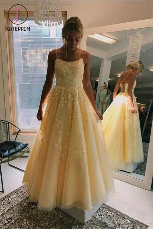 Spaghetti Straps Floor Length Tulle Prom Dress with Lace Appliques KPP1146
