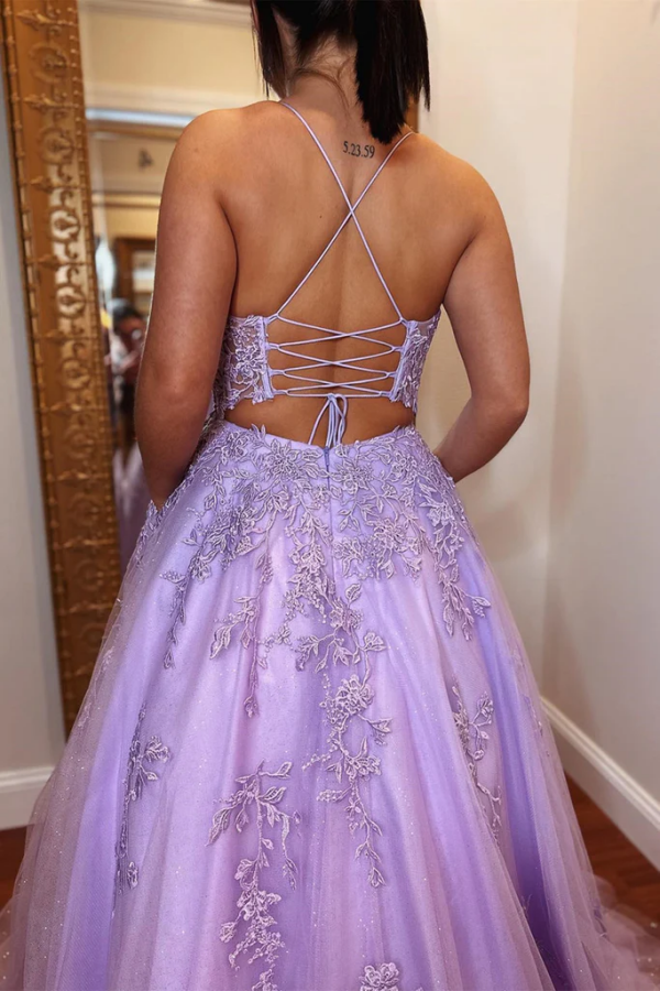 Open Back Purple Lace Tulle Long Prom Dress, Purple Lace Formal Dress KPP1737