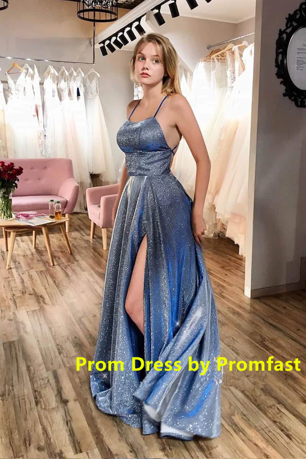 Sparkly Spaghetti Straps Prom Dresses, Graduation Dress With Split KPP1351