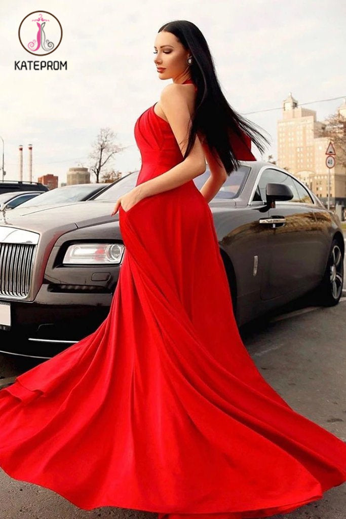 Stylish Red Halter Long Prom Dress, Floor Length Sleeveless Evening Dresses with Pockets KPP1243