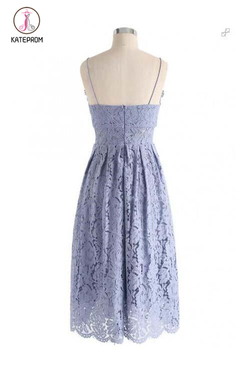 Lavender Spaghetti Straps Lace Prom Dress,Knee Length Homecoming Dress KPH0286