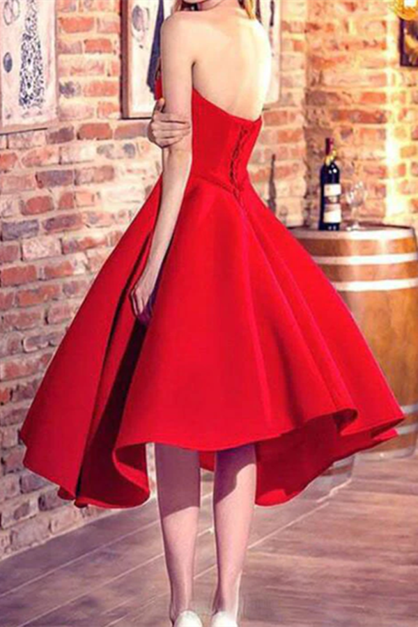 Chic A line Sweetheart Red Pretty Satin Prom Dress High Low Evening Party Dress KPH0605