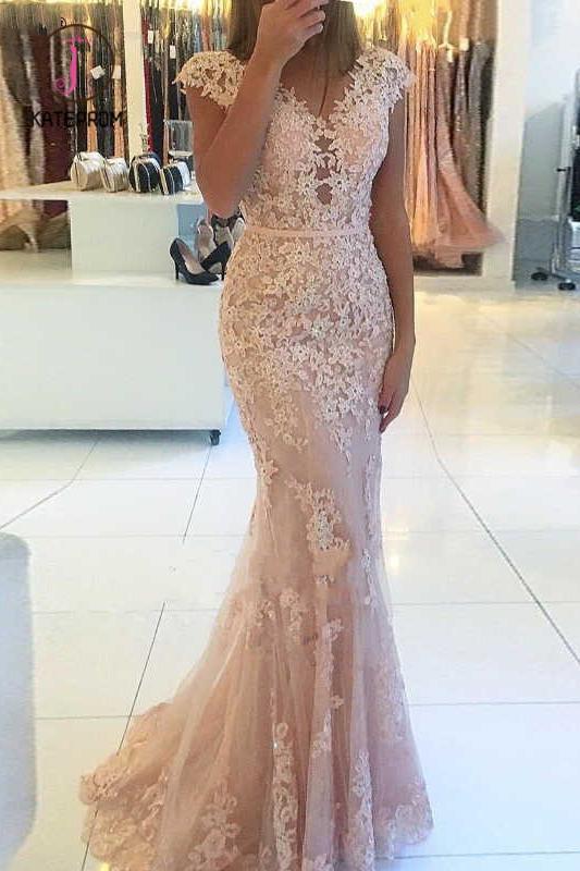 Mermaid Cap Sleeves Tulle Prom Dress with Lace Appliques, Long V Neck Evening Dress KPP0960