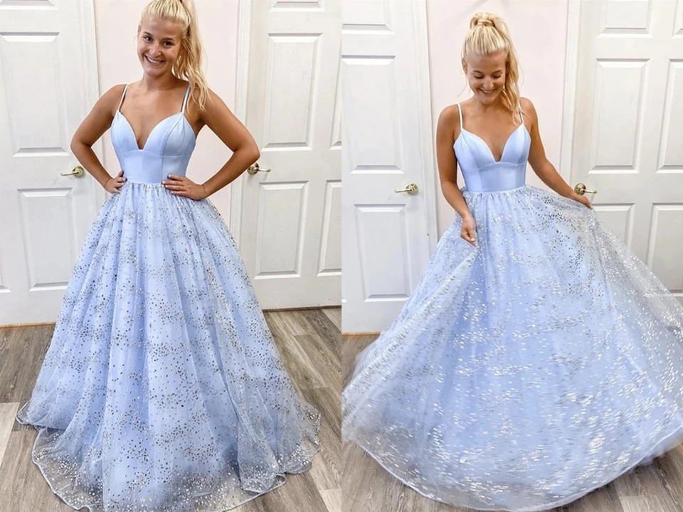 Shiny Sequins Spaghetti Straps V Neck Light Blue A Line Long Prom Dress KPP1459