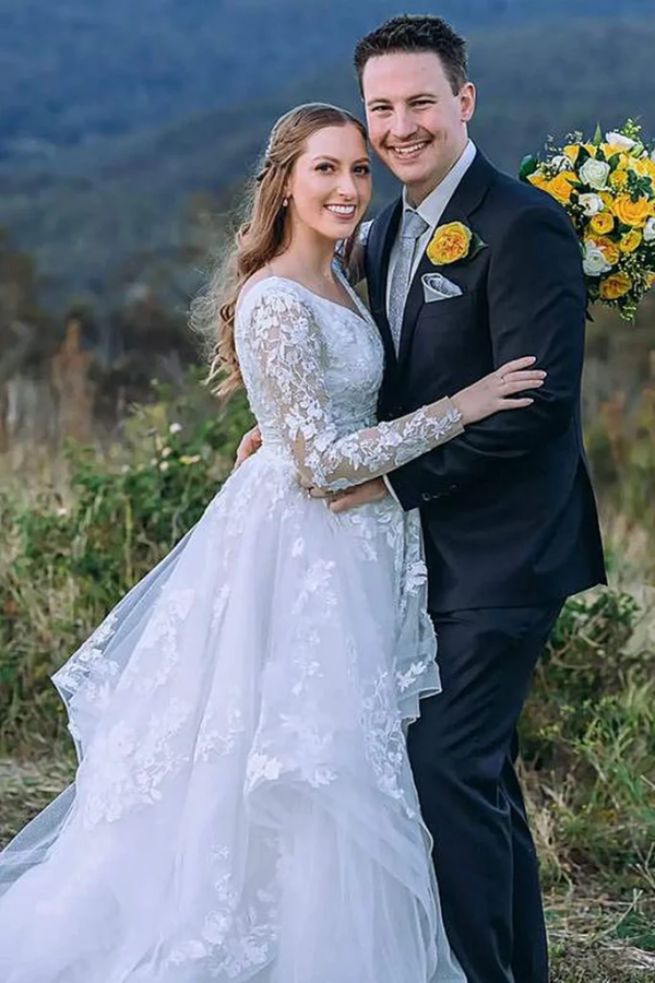 V Neck Long Sleeves White Lace Tulle Prom Dress, Layered White Lace Wedding Dress, White Formal Evening Dress KPW0736