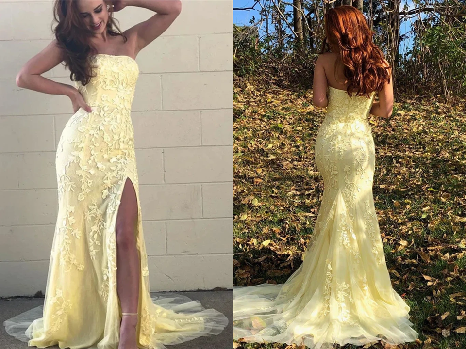 Mermaid Strapless Appliques Yellow Prom Dresses With Slit Evening Dresses KPP1439