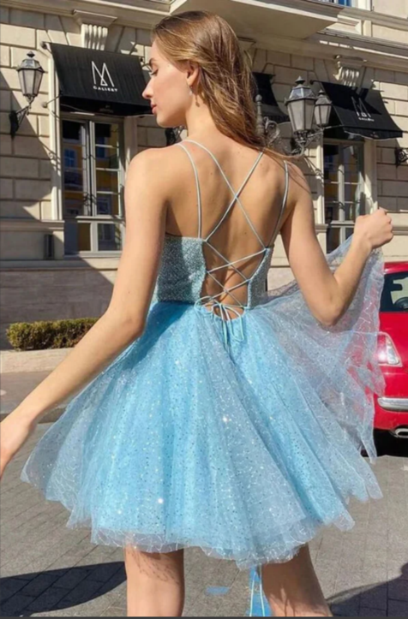 Shiny Sky Blue Tulle Sequins Homecoming Dresses, Short Prom Dresses KPH0650