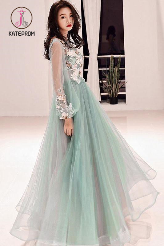 Charming Long Sleeves Tulle Prom Dress with Flowers, A Line Floor Length Party Dress KPP0937