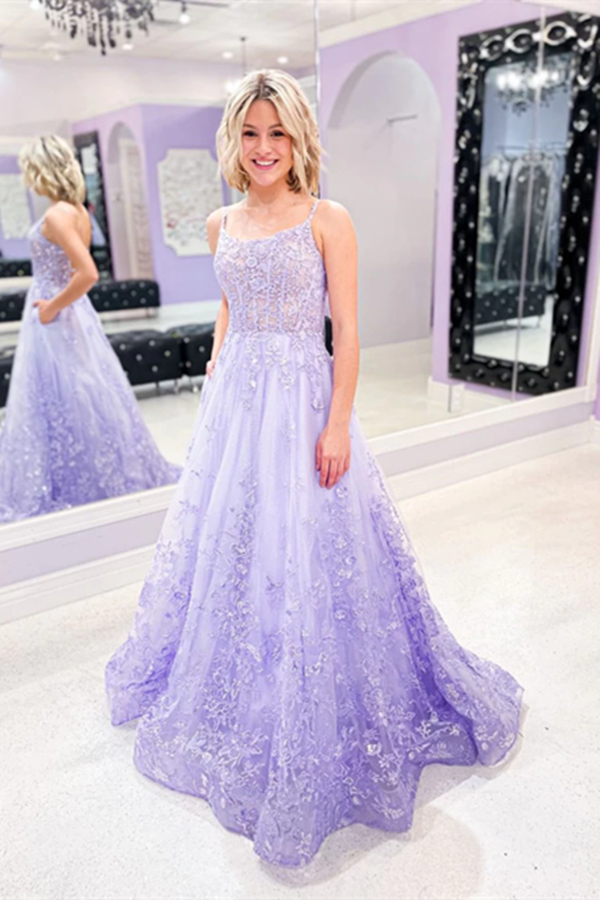 A line Spaghetti Straps Lace Tulle Purple Long Prom Dress Applique Evening Dress KPP1532