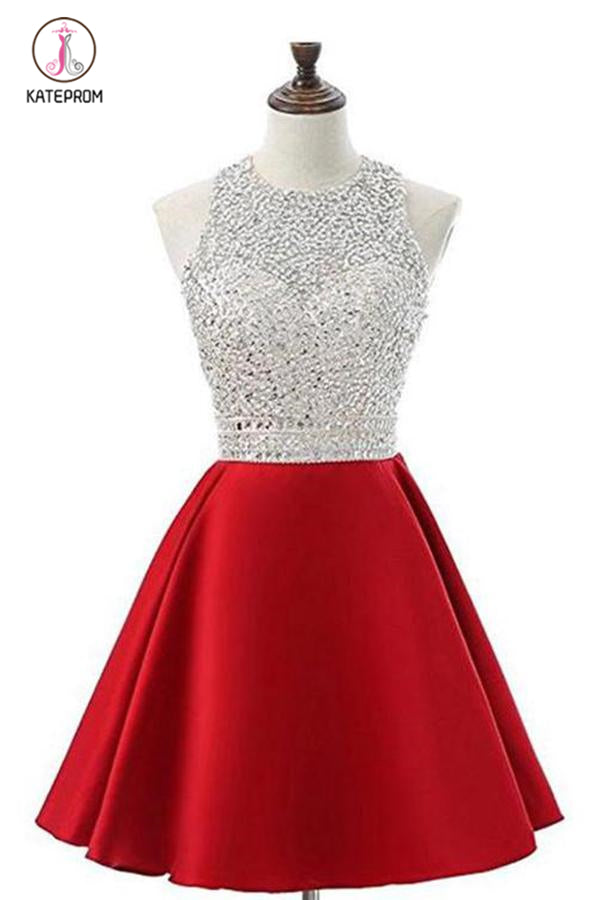 Red Jewel Satin Short Prom Dress with Beads, A Line Sparkly Homecoming Dresses KPH0324