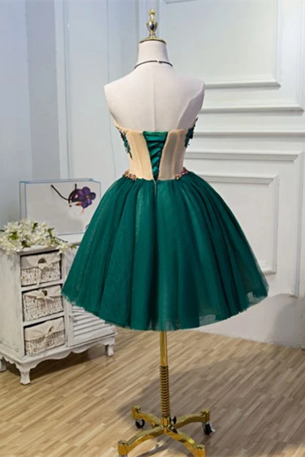 Chic A Line Sweetheart Modest Dark Green Modest Short Prom Dress Homecoming Dress KPH0601