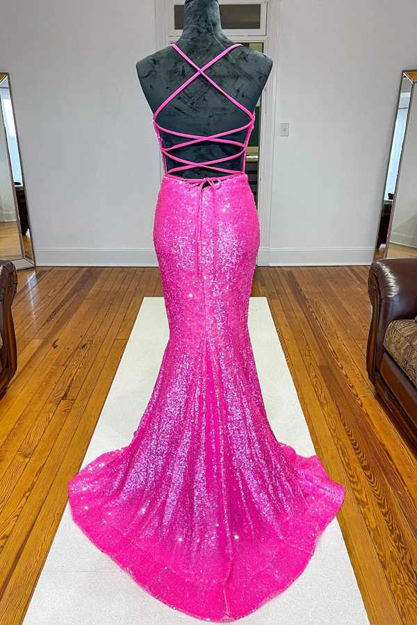 Sparkle Hot Pink Sequin Mermaid Long Prom Formal Dress KPP1561
