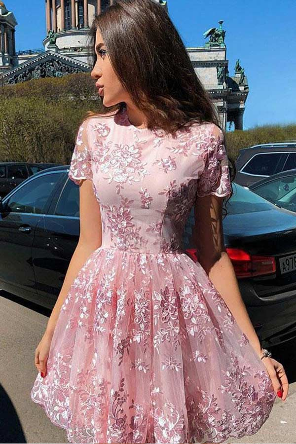 A Line Short Sleeve Lace Short Prom Dress Short Homecoming Dress KPH0630