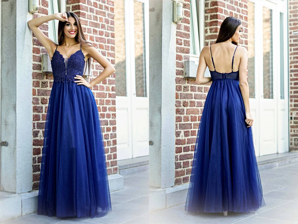 Exquisite Spaghetti Straps A line Prom Dresses Tulle Appliqued Gowns KPP1431