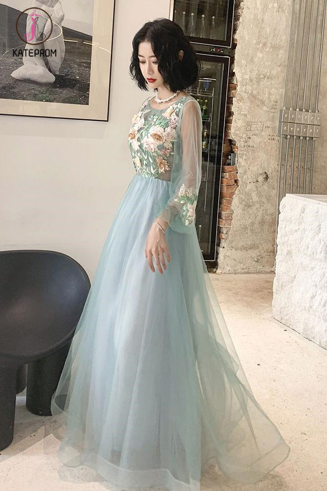 Elegant Long Sleeves Appliqued Tulle Prom Dress, Floor Length Appliques Evening Dress KPP1078