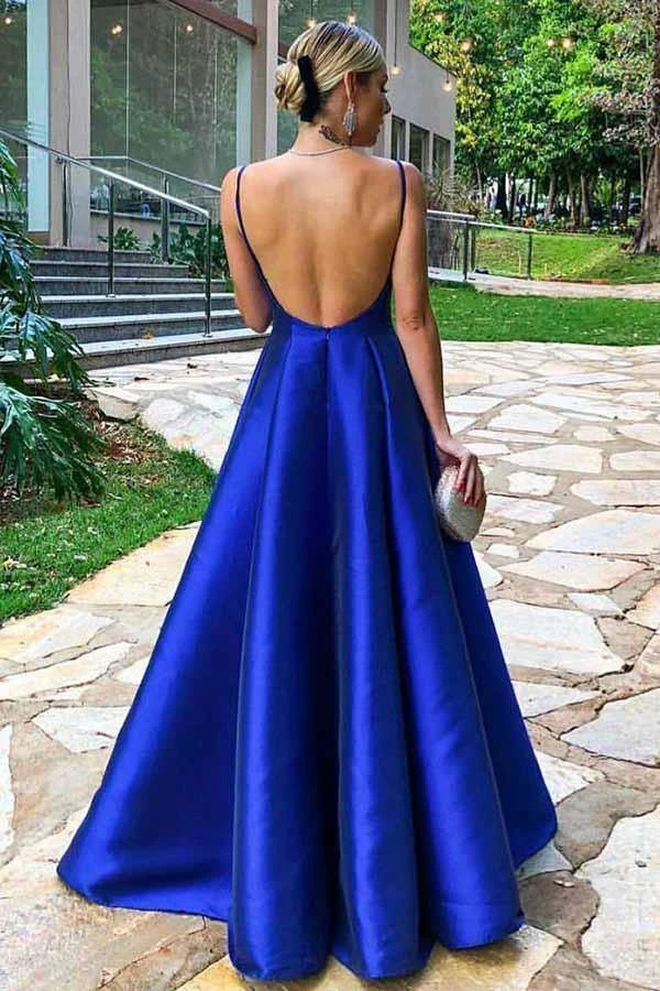 A Line Simple Spaghetti Straps Royal Blue Floor Length Satin Prom Dress KPP1371
