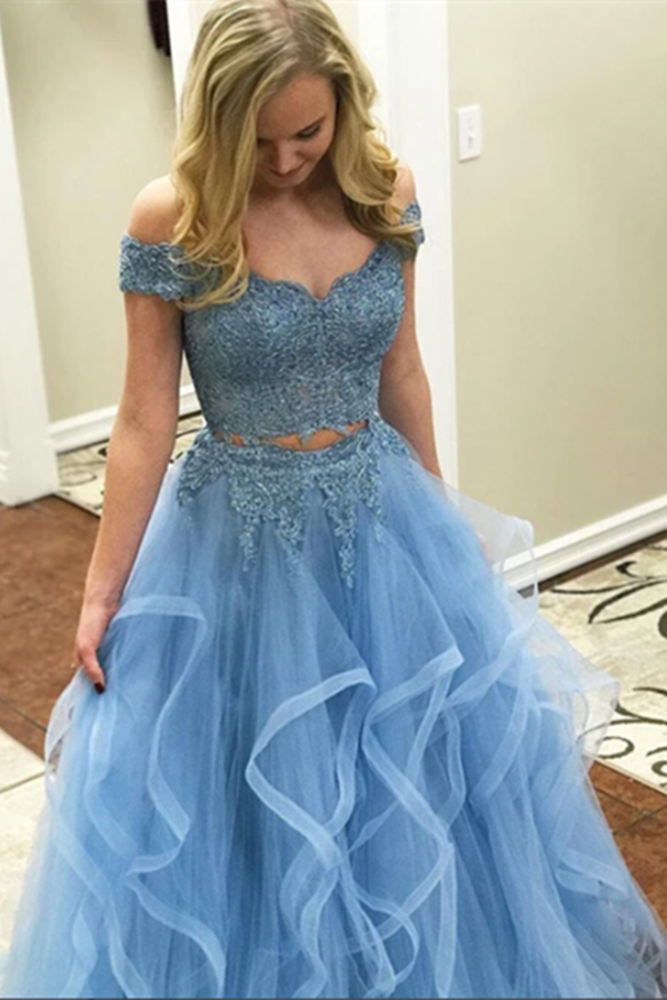 Blue Tulle Off Shoulder Two Piece Prom Dresses Lace Formal Dresses KPP1399