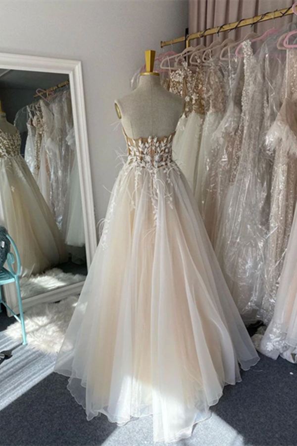 Chic A line Spaghetti Straps Floor length Long Prom Dresses Tulle Applique Evening Dress KPP1552