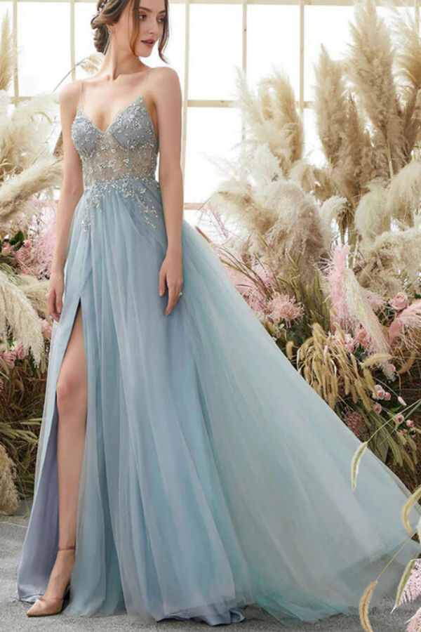 Light Blue Tulle Beaded A Line V Neck Long Prom Dresses, Evening Gowns KPP1665