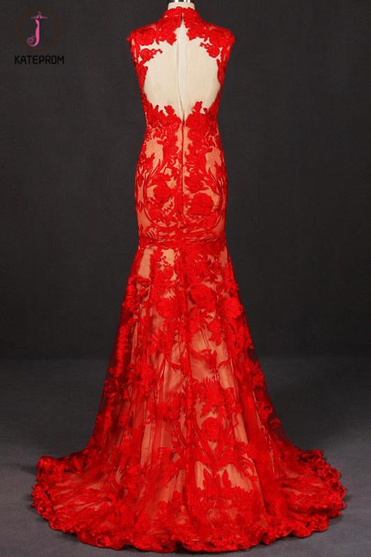 Red Sleeveless High Neck Sleeveless Evening Dress Lace Tulle Prom Dresses KPP1085