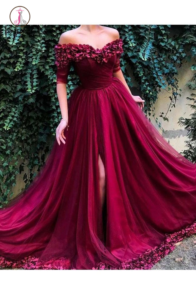 Long Off the Shoulder Half Sleeves Prom Dress with 3D Flowers, Formal Dress with Slit KPP0692