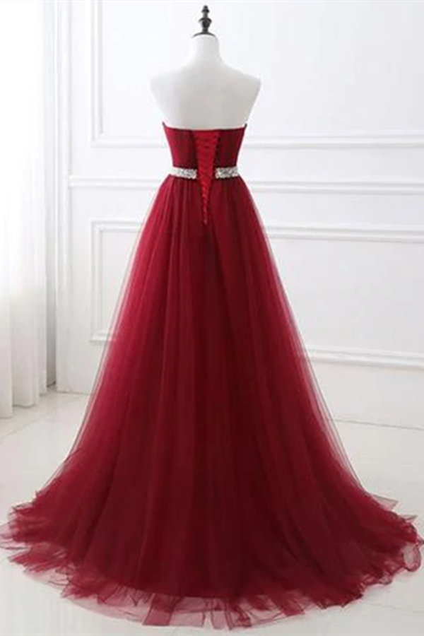 Chic A line Sweetheart Burgundy Tulle Simple Sleeveless Long Prom Dress Evening Dress KPP1559