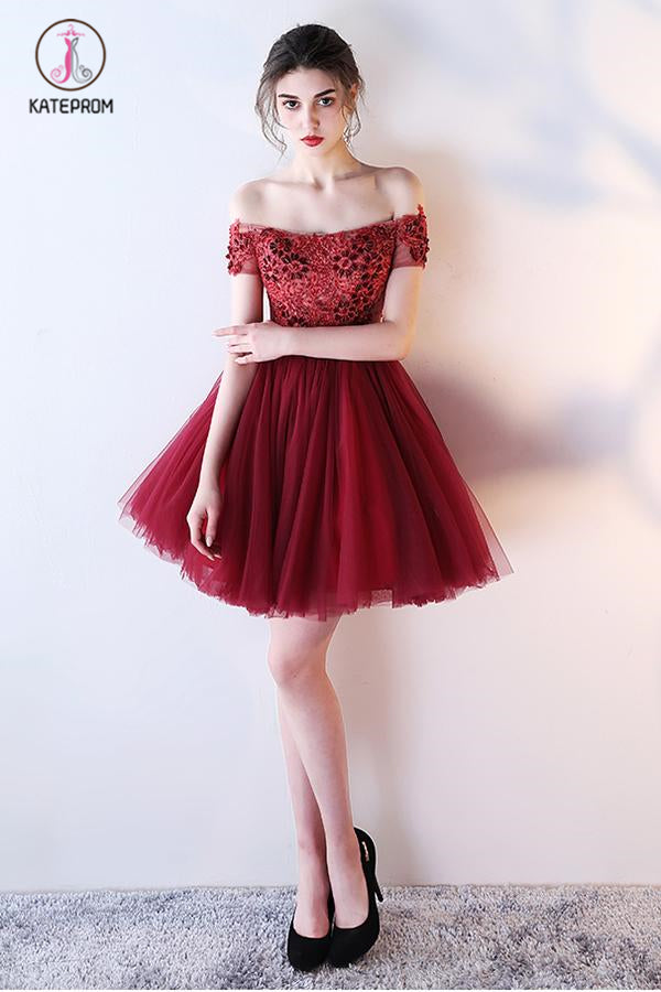 Dark Red Off the Shoulder Short Prom Dress with belt, Short Beading Homecoming Dress KPH0289