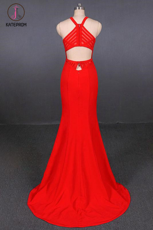 Stylish Halter Mermaid Prom Dress, Red Mermaid Open Back Long Evening Dresses KPP1095