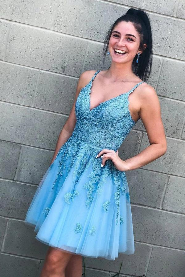 A Line V Neck Lace Appliques Tulle Sky Blue Homecoming Dress, Short Prom Dress With Straps KPP1440