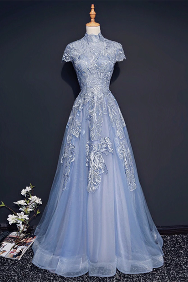Chic High Neck Prom Dress Blue Short Sleeve Long Prom Dress Evening Dress KPP1535