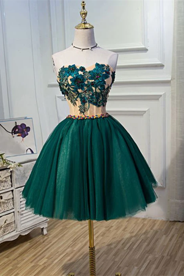 Chic A Line Sweetheart Modest Dark Green Modest Short Prom Dress Homecoming Dress KPH0601