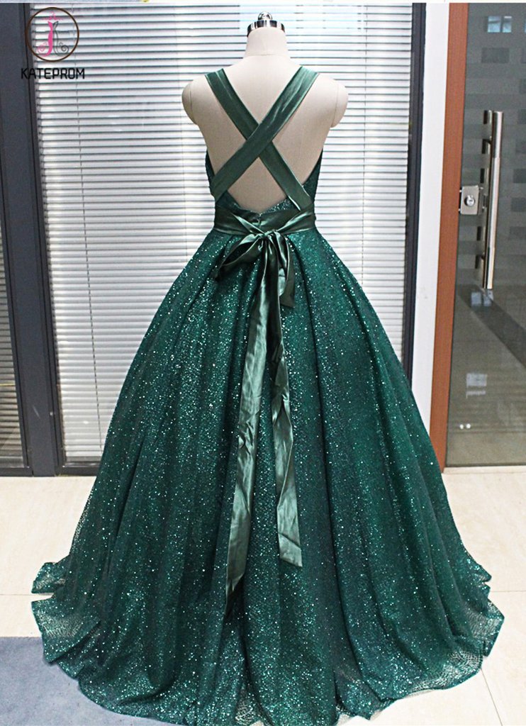 Shinny V Neck Green Sequined Ball Gown Long Prom Dresses, Quinceanera Dresses KPP0746