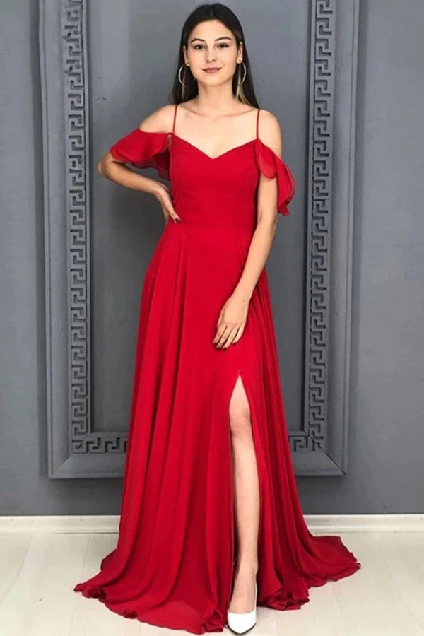 A Line Red Chiffon Prom Dresses Long Sexy Split Evening Party Gowns For Women KPP1384