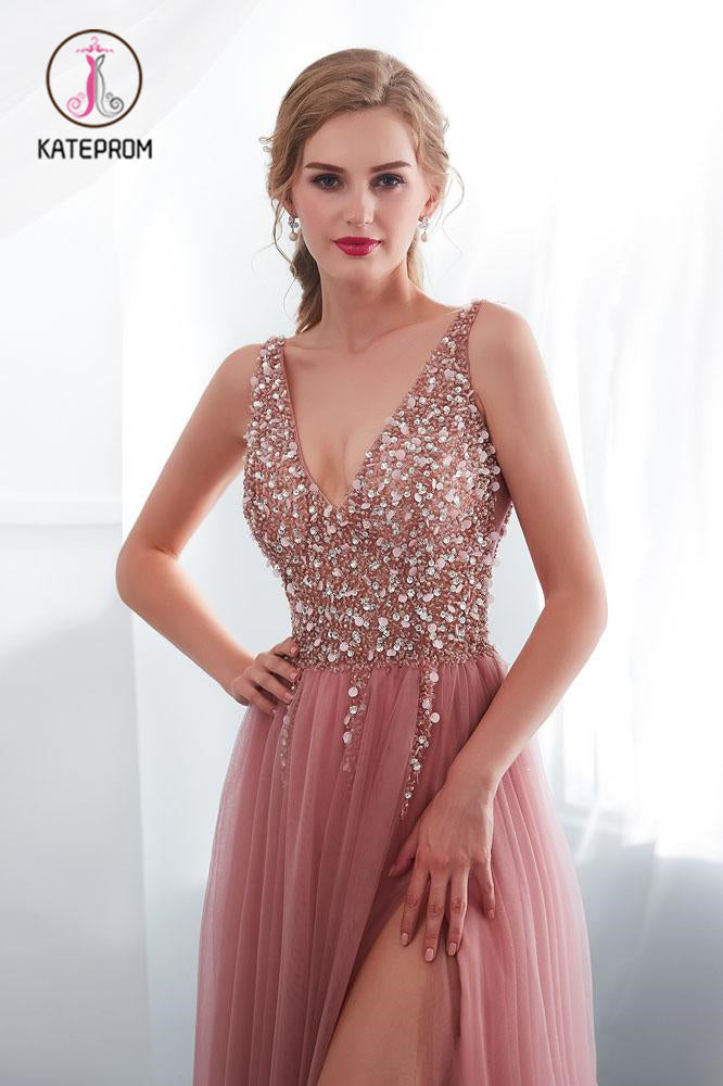 Beading V neck Pink High Split Tulle Sweep Train Sleeveless Evening Gown with Sequins KPP1054