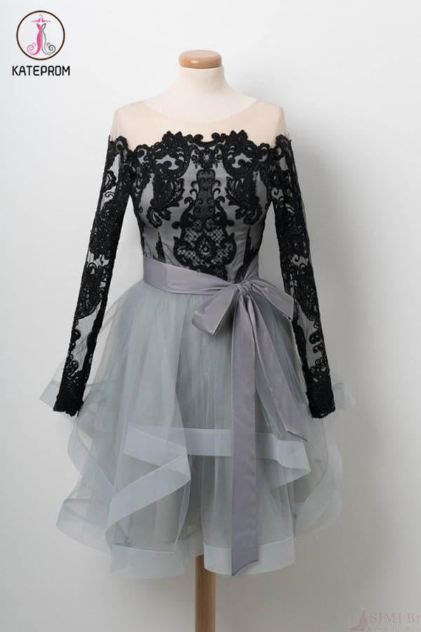 Black Lace Homecoming Dress, Long Sleeve Tulle Short Graduation Dresses KPH0441