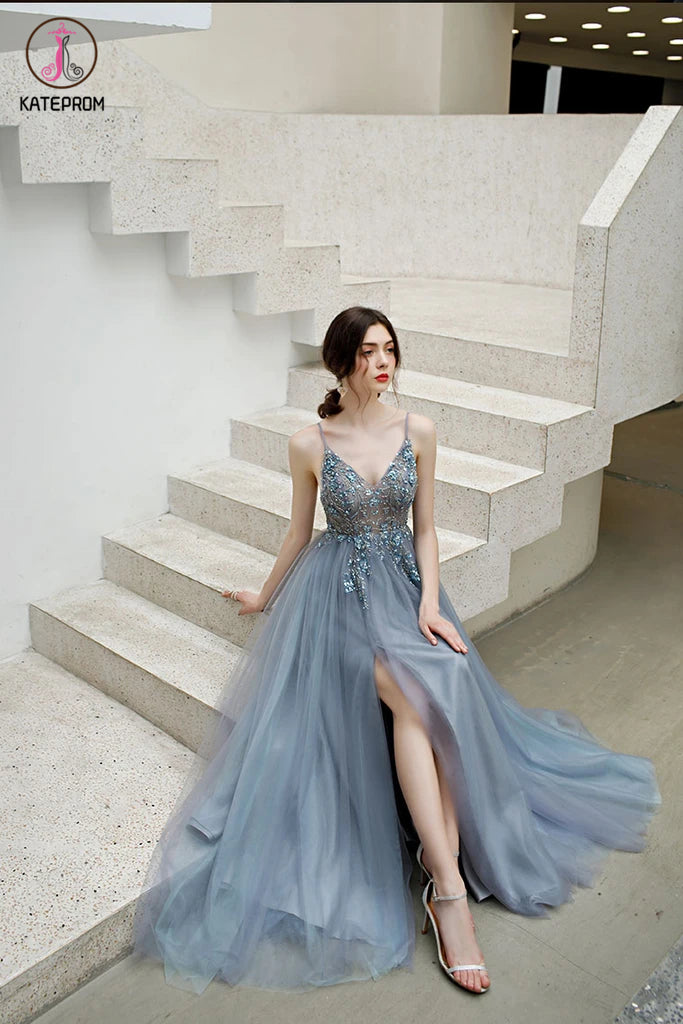 A Line Spaghetti Straps Tulle Prom Dress with Side Slit, Long Evening Dress with Beads KPP1295