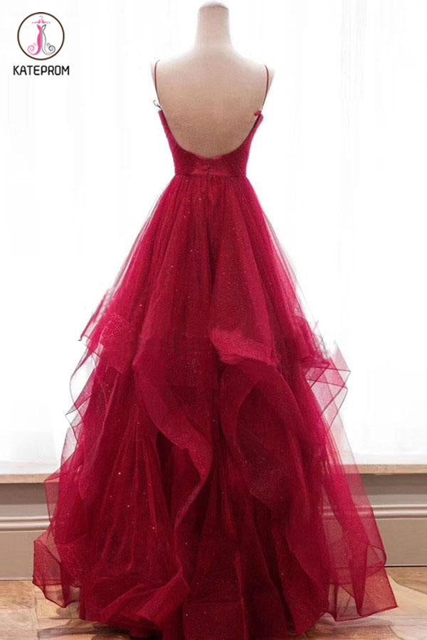 Sparkly Blue Straps Ruffles Long Prom/Evening Dress With Open Back KPP1130