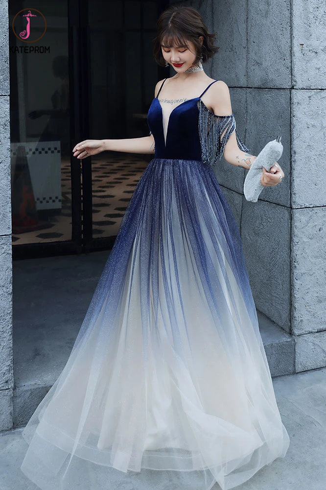 Blue Ombre Spaghetti Straps Long Prom Dress with Tassels, Unique Evening Dress KPP1290
