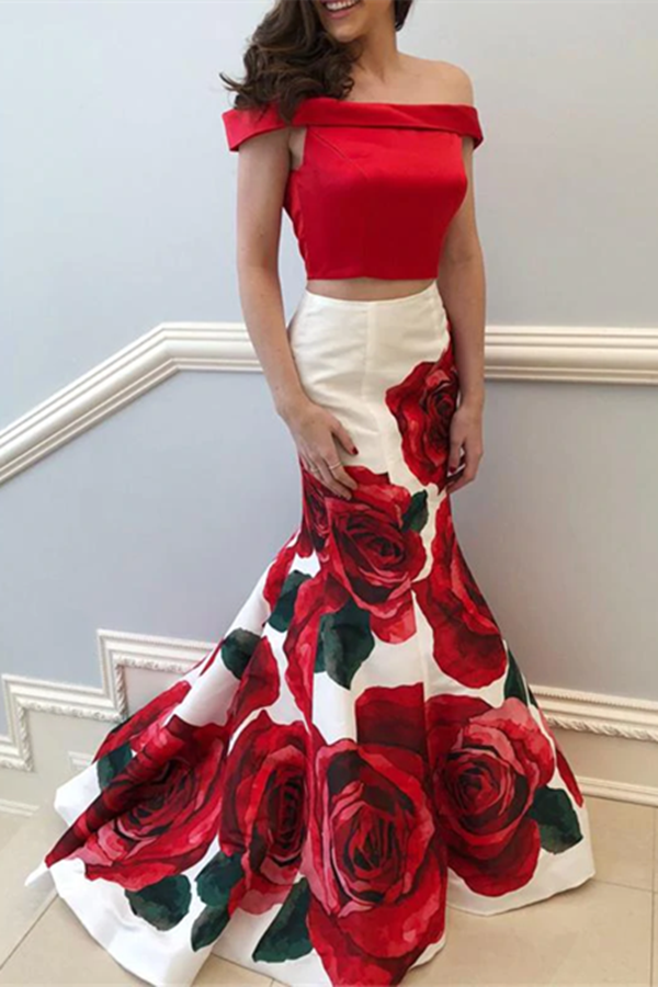 Mermaid Prom Dresses Off the shoulder Red Floral Two Pieces Prom Dress Evening Dress KPP1553