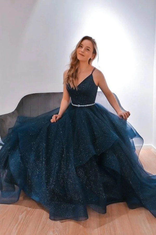 Shiny V Neck Dark Blue Long Prom Dress with Belt, Fluffy Blue Formal Evening Dress, Sparkly Blue Ball Gown KPP1406