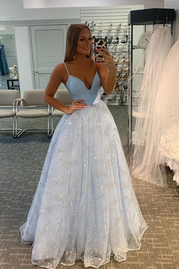 Sparking Lace Spaghetti Straps A line Prom Dresses, Long Prom Dress for Sale KPP1527