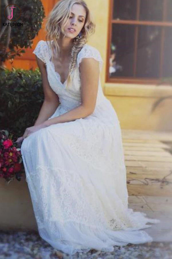 A-Line V Neck Floor Length Cap Sleeves Lace Beach Wedding Dress, Boho Wedding Dresses KPW0554