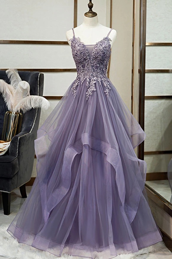 A line V neck Purple Tulle Spaghetti Straps Prom Dress With Lace Appliques KPP1372