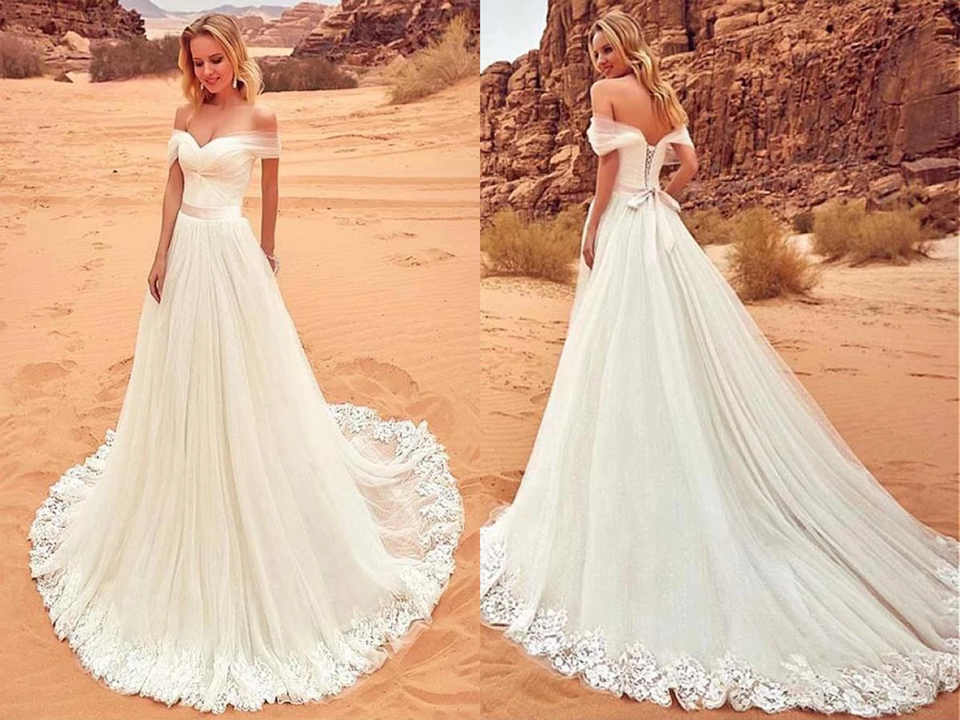 Charming Off The Shoulder Tulle Long Beach Wedding Dress, Bridal Gown for Sale KPW0689
